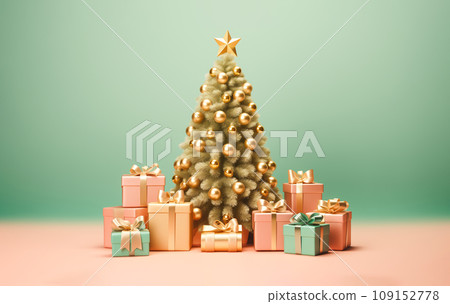 Festive Postcard New Year. Green Christmas Tree, Pine with Golden Toys, Decorations And Gift Boxes, Presents on Green, Pink Background. Minimalism, Template. AI Generated. Horizontal 109152778