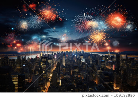 Fireworks on night sky in New year 2024. Generative AI 109152980