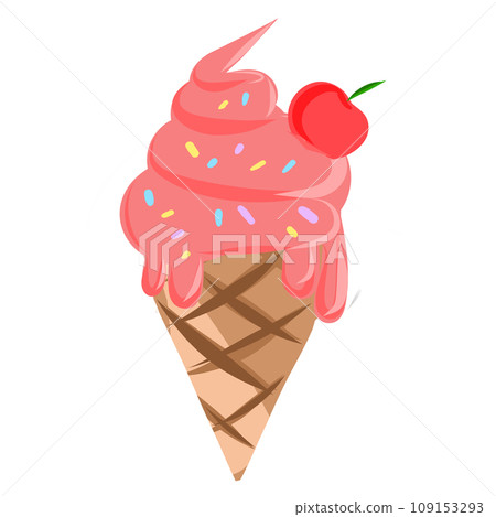 ice cream with cherry in waffle cone 109153293