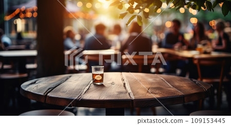 Empty wooden at cafe with people blur background. For advertising. Generative AI 109153445