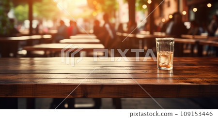 Empty wooden at cafe with people blur background. For advertising. Generative AI 109153446