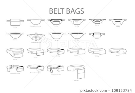 Set of Belt Bum silhouette bags. Fashion accessory technical illustration. Vector satchel front 3-4 view for Men, women 109153784