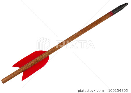 Wooden medieval crossbow bolt with red feather Wooden medieval crossbow bolt with red feather 109154805