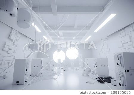 Lots of tangled wires in a white computer room. Neural network AI generated art 109155095