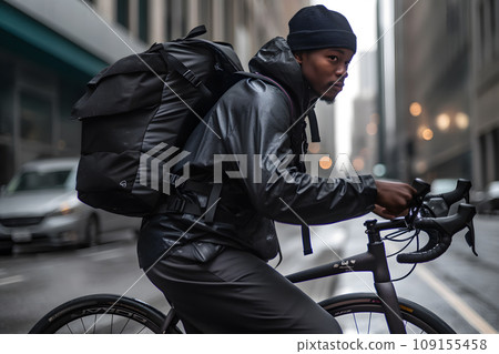 Food delivery guy riding a bicycle. Neural network AI generated art 109155458