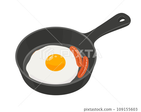煎鍋裡煎的蛋和香腸的圖像插圖 109155603