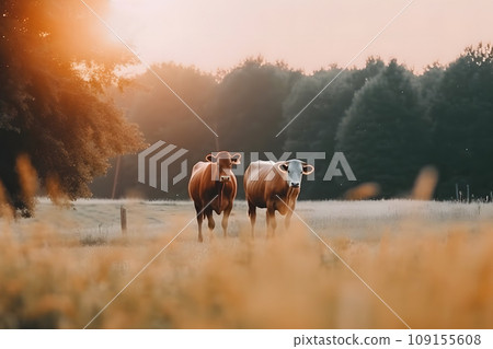 Cows in field sunset in the evening. Neural network AI generated art 109155608