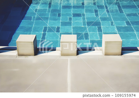 Start position with numbers in competition swimming pool. Neural network AI generated art 109155974