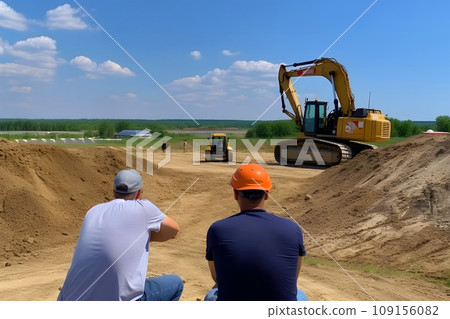 Construction engineer supervising work at building site. Neural network AI generated art 109156082