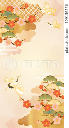 Japanese pattern background of crane and pine 109156536