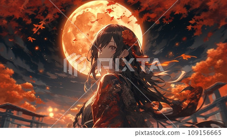 [AI generated image] Moon and beautiful kimono girl 8 109156665