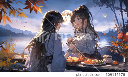 [AI generated image] Two girls looking at the moon 1 109156676