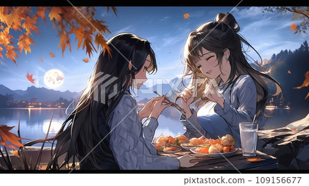 [AI 生成圖像] 兩個女孩看著月亮 2 109156677