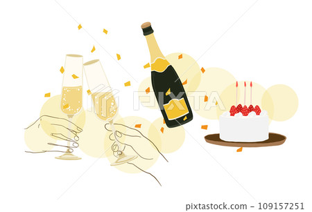 Illustration of champagne and cake celebrating the new year Illustration of champagne and cake celebrating the new year 109157251