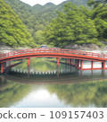 插圖描繪了一座橫跨河流的紅色大橋，背景是綠色的山脈和樹木。 109157403