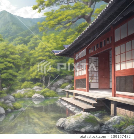 插圖描繪了背景中有紅色房屋和綠色山脈和樹木的風景 109157482