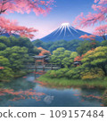 插圖描繪了以富士山為背景、前景為池塘、櫻花和樹木盛開的地方。 109157484