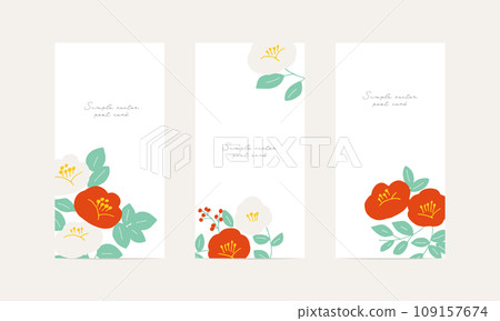 新年賀卡的山茶花插圖。一套日式山茶花插畫明信片。日式框架模板。 新年賀卡的山茶花插圖。一套日式山茶花插畫明信片。日式框架模板。 109157674