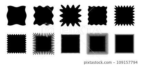Wavy edge squared shape collection. Jagged zig zag square elements set. Black graphic design element pack for decoration, banner, poster, template, sticker, badge, label, tag, flyer. Vector bundle Wavy edge squared shape collection. Jagged zig zag square elements set. Black graphic design element pack for decoration, banner, poster, template, sticker, badge, label, tag, flyer. Vector bundle 109157794