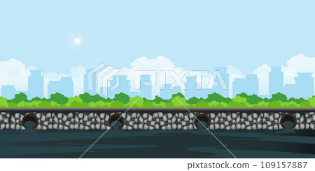 Water polluted environment on city background. 109157887