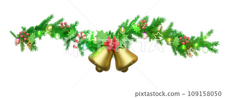 Decorated with branches of pine trees, Jingle bell, candy cane, red bow, holly berry leaves, clear glass lantern garlands, star. merry christmas and happy new year, 3d render illustration 109158050
