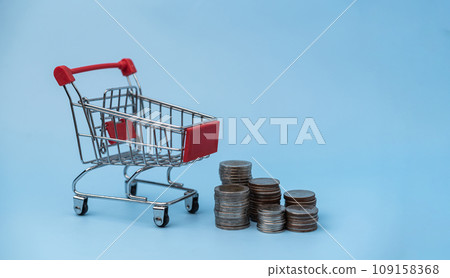 Financial Planning Money Management and Shopping. Shopping Cart and coin on the background. 109158368