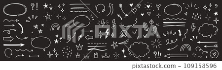 Sketch line arrow element, star, heart shape on chalkboard background. Hand drawn doodle sketch style circle, cloud speech bubble grunge element. Arrow, star, heart decoration. Vector 109158596