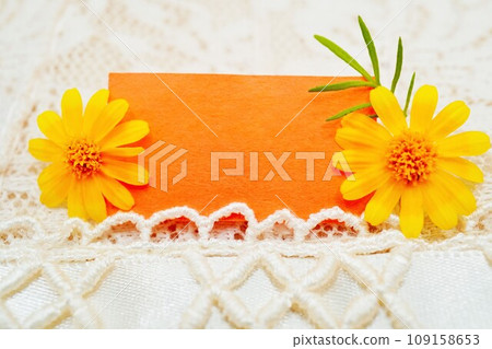 A cute orange memo space mockup decorated with yellow daisy flowers on a lace background 109158653
