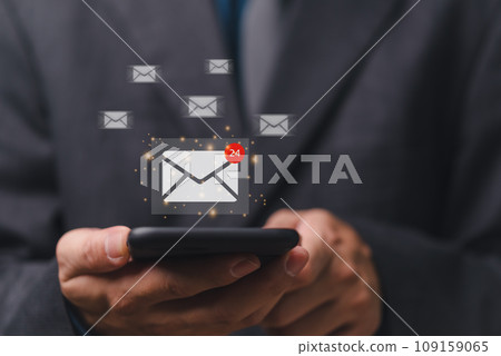 Email and message notification alert concept.  Business newsletter for electronic mail communication and digital online marketing. Inbox receiving newsletter electronic. 109159065