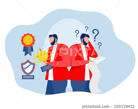 Imposter syndrome.man standing for her present profile with fear behind Anxiety and lack of self confidence at work; the person fakes is someone else concept 109159432