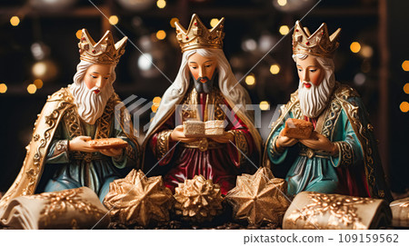 Three wise men holding gifts for Jesus. Concept for religious holiday of Epiphany, Nativity of Jesus, Three Kings Day, Christmas Three wise men holding gifts for Jesus. Concept for religious holiday of Epiphany, Nativity of Jesus, Three Kings Day, Christmas 109159562