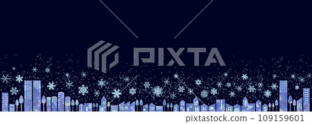 Blue gradation winter town, powder snow and snowflakes 109159601