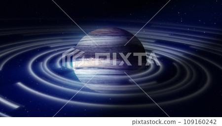 Abstract blue space planet with a round asteroid belt ring  futuristic hi-tech on the background of stars in open space 109160242
