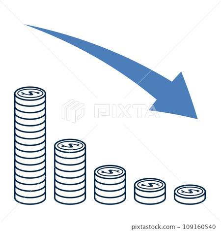 Vector illustration of a pile of dollar coins and an image of decreasing assets Vector illustration of a pile of dollar coins and an image of decreasing assets 109160540