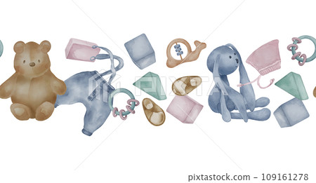 Seamless border with teddy bear, soft rabbit neutral colors isolated on white. Hand drawn illustration of baby toys in pastel shades. Painted baby cloth. Design for newborn shower, baby room 109161278