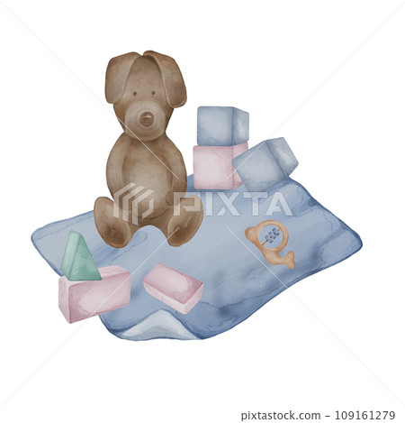 Illustration with soft toy on baby blanket neutral colors isolated on white background. Hand drawn plush dog in pastel shades. Painted baby cubes, blocks. Element for birthday card, poster for child 109161279