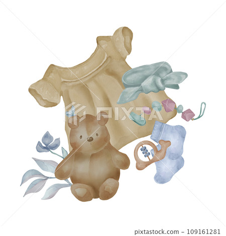 Illustration with baby girl dress and teddy bear isolated on white background. Hand drawn abstract flower delicate shades. Baby toys. Elements for newborn card, invitation, poster, birthday party 109161281