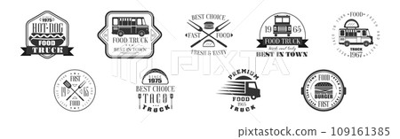 Food Truck Logo and Label Design with Text Vector Set 109161385