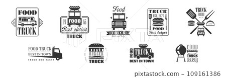 Food Truck Logo and Label Design with Text Vector Set 109161386