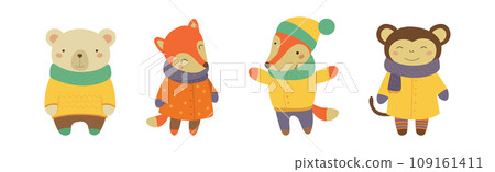 Funny Animal Wearing Warm Clothes and Scarf Vector Set Funny Animal Wearing Warm Clothes and Scarf Vector Set 109161411