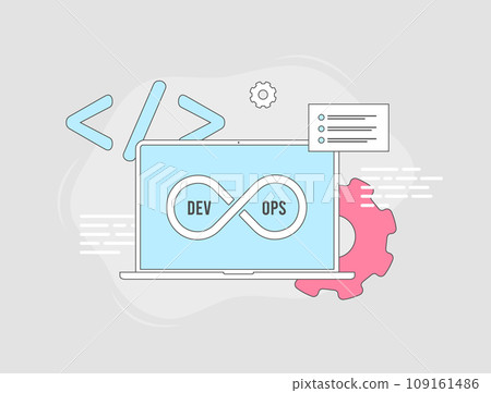 DevOps web concept. Collaboration in software creation and communication. Modern development and management processes. DevOps vector isolated illustration on white background with icons DevOps web concept. Collaboration in software creation and communication. Modern development and management processes. DevOps vector isolated illustration on white background with icons 109161486