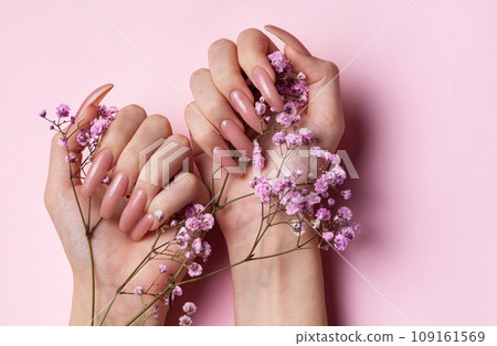 Female hands with beautiful manicure on pink background Female hands with beautiful manicure on pink background 109161569