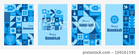 Set of Happy Hanukkah postcards. Modern neo geometric backgrounds. Vector illustration in bauhaus minimalist style. Composition of simple traditional jewish icons. Cards with Menorah, Dreidel Set of Happy Hanukkah postcards. Modern neo geometric backgrounds. Vector illustration in bauhaus minimalist style. Composition of simple traditional jewish icons. Cards with Menorah, Dreidel 109161595