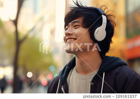 Man enjoying music with headphones AI generated image AI image 109161837