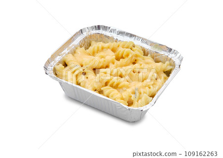 Classic mac and cheese in foil container isolated on white Classic mac and cheese in foil container isolated on white 109162263