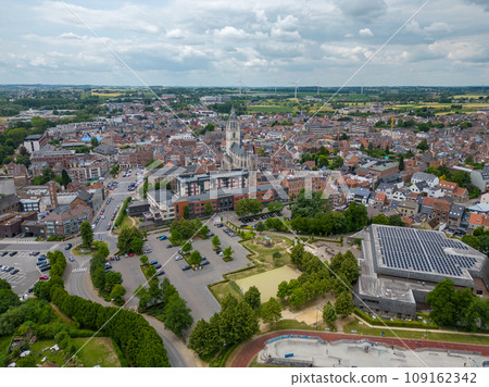 Halle, Flemish Brabant Region, Belgium, 01 05 2023, aerial top down view of the railway station and Halle, Flemish Brabant Region, Belgium, 01 05 2023, aerial top down view of the railway station and 109162342