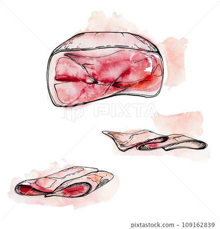 Hand drawn watercolor ink illustration. Ham prosciutto bacon jamon, cured meat product slice. Single object isolated on white. Design for restaurant, menu, cafe, food shop or package, flyer, print. 109162839