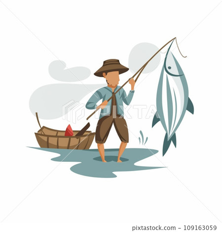 cartoon fisherman, Man in boat fishing illustration 109163059