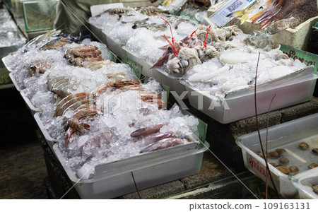 Fresh seafood in the fishing market in Thailand Southeast Asia Fresh seafood in the fishing market in Thailand Southeast Asia 109163131
