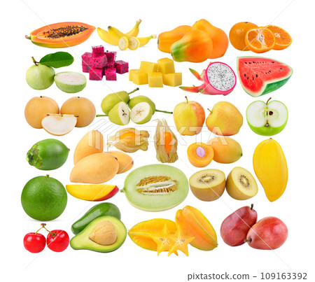 papaya; banana; Tangerine; guava; dragon fruit; mango; pear; watermelon; physalis; marian plum; melon; kiwi; starfruit; betel nut on white background papaya; banana; Tangerine; guava; dragon fruit; mango; pear; watermelon; physalis; marian plum; melon; kiwi; starfruit; betel nut on white background 109163392